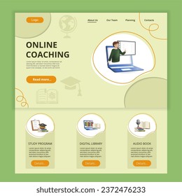 Online coaching flat landing page website template. Study program, digital library, audio book. Web banner with header, content and footer. Vector illustration.