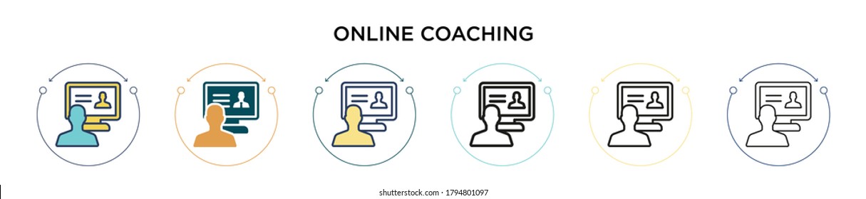 Online coaching icon in filled, thin line, outline and stroke style. Vector illustration of two colored and black online coaching vector icons designs can be used for mobile, ui, web