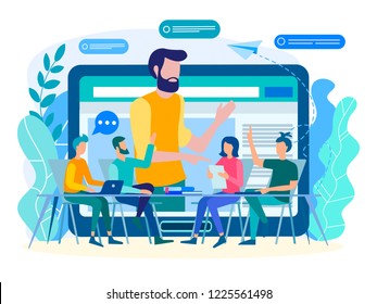 Online coaching, online training, web communication concept. Training, webinar, teacher conducts online training with a group of students, office workers.