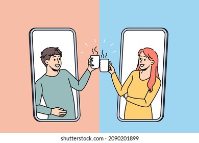 Online Coffee Break And Meeting Concept. Smiling People Girl And Boy Clonking Mugs With Coffee During Online Meeting From Smartphone Screens Vector Illustration 