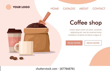 Online coffee market website landing page design template. Vector web banner