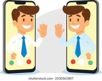 Colaboración en línea, Colegas, Saludo, Trabajo remoto, Comunicación, Tecnología Video, Hombres de negocios, Conferencia, High Five, destacando la importancia de la conexión y el trabajo en equipo,