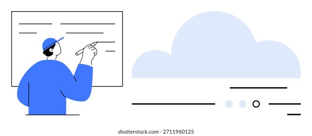 Colaboración en línea, innovación digital, tecnología en la nube, intercambio de datos, herramientas educativas, trabajo remoto. Persona que escribe en una pizarra junto a un gráfico en la nube. Colaboración en línea y digital