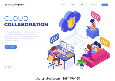 online collaboration education or distance exam through protected cloud technology. isometric character work internet course e-learning from home. isolated vector illustration