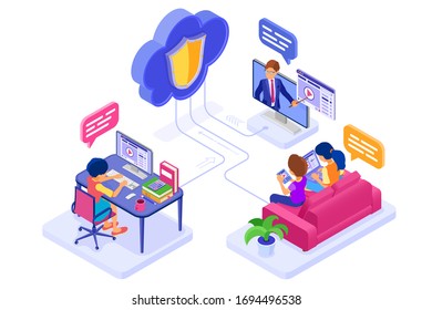 colaboración en línea, educación o examen a distancia a través de tecnología de nubes protegidas. curso de Internet de carácter isométrico e-learning desde casa. aprendizaje en tableta y portátil con vector aislado del profesor