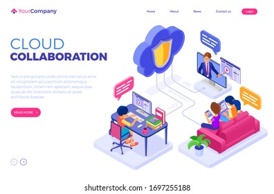 online collaboration education or distance exam through protected cloud technology. isometric character internet course e-learning from home. learning on tablet and laptop with teacher isolated vector