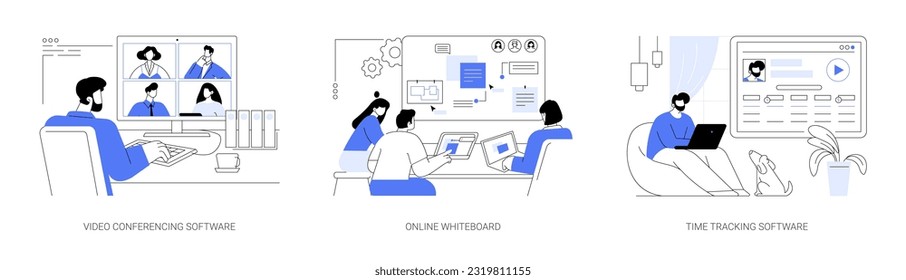 Online collaboration software abstract concept vector illustration set. Video conferencing tool, group of diverse people with laptops using remote whiteboard, time tracking app abstract metaphor.