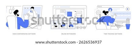 Online collaboration software isolated cartoon vector illustrations set. Video conferencing tool, group of diverse people with laptops using remote whiteboard, time tracking app vector cartoon.
