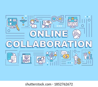 Online Collaboration Word Concepts Banner. Virtual Connection And Communication. Infographics With Linear Icons On Purple Background. Isolated Typography. Vector Outline RGB Color Illustration