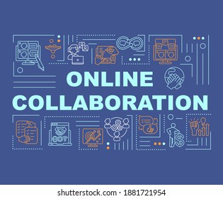 Online Collaboration Word Concepts Banner. Virtual Communication. Infographics With Linear Icons On Purple Background. Isolated Typography. Vector Outline RGB Color Illustration