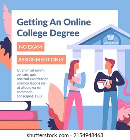 Online College Degree, Obtaining Education, And Learning New Disciplines From Classes And Lectures. Students Holding Books By University Building. Advertisement Or Poster, Vector In Flat Style