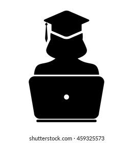 Online college icon student with laptop computer female user person profile avatar symbol with mortar board for education and learning in a glyph pictogram illustration