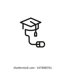 Online college line icon. Computer mouse, cap, networking. Technology concept. Can be used for topics like digital course, mobile education, graduation