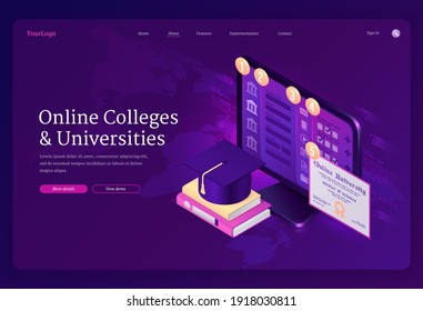 Online colleges and universities banner. Digital service for internet learning, distance study. Vector landing page of academic elearning with isometric computer, certificate, books and graduation cap