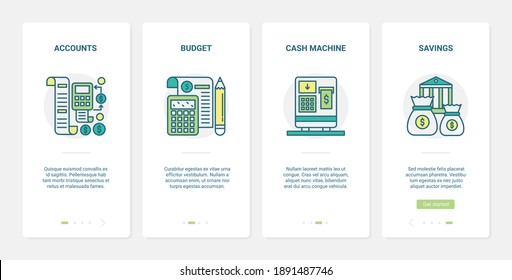 Online commerce, banking payment technology vector illustration. UX, UI onboarding mobile app page screen set with line bank account, savings budget, money cash machine ecommerce commercial symbols