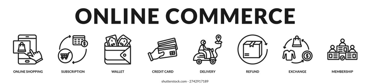 Online commerce banner highlighting seamless digital transactions and subscription based retail ecosystems. in Lineal Icon Style