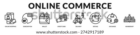 Online commerce banner highlighting seamless digital transactions and subscription based retail ecosystems. in Lineal Icon Style