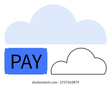 Online commerce, financial transactions, cloud storage, SaaS services, payment integration, virtual payments. A pay button and cloud icons. Online commerce and financial transactions concept
