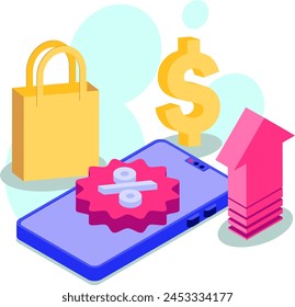 Online commerce growth, featuring a smartphone with gears, a shopping bag, a dollar sign, and an upward arrow. Vector illustration.