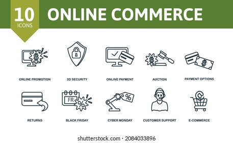 Online Commerce icon set. Collection of simple elements such as the coupon, cargo, online promotion, 3d security, auction, returns, cyber monday.
