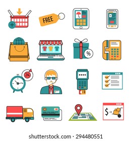 Online commerce and internet marketing icons outline set isolated vector illustration