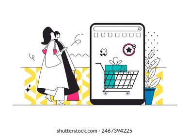 El comercio en línea perfila el concepto de Web en el diseño moderno de la línea plana. Mujer haciendo compras por internet, ordenando productos en supermercado con las mejores ofertas de Precio y pagando en App móvil. Ilustración vectorial