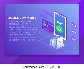 Online commerce vector illustration for e-business or e-commerce technology. Mobile app for payment with credit card and web banking customer or client call center and shopping cart of mobile trade