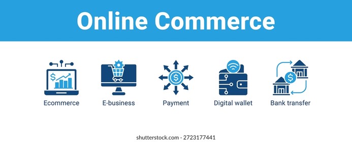 Concepto de Ilustración vectorial de icono de Anuncio de Web de comercio en línea, con icono de comercio electrónico, negocio electrónico, pago, billetera digital.