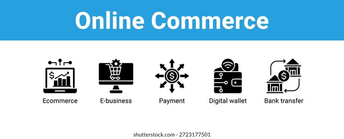 Concepto de Ilustración vectorial de icono de Anuncio de Web de comercio en línea, con icono de comercio electrónico, negocio electrónico, pago, billetera digital.