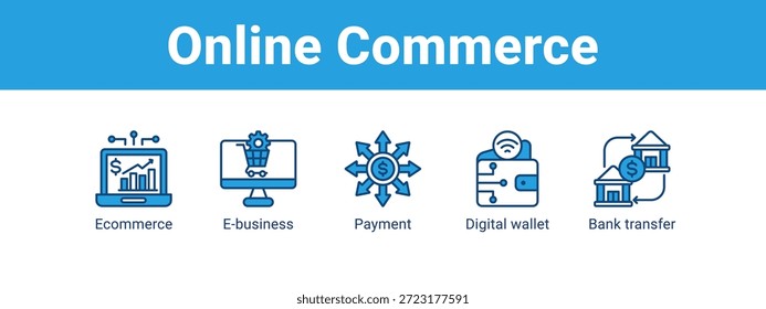 Concepto de Ilustración vectorial de icono de Anuncio de Web de comercio en línea, con icono de comercio electrónico, negocio electrónico, pago, billetera digital.