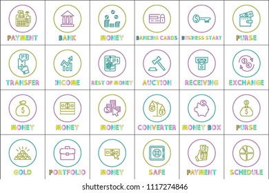 Online commerce and web shopping linear icons set. Payment and purchasing with e-money outline buttons isolated cartoon flat vector illustrations.