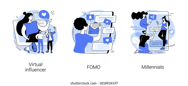 Online communication abstract concept vector illustration set. Virtual influencer, FOMO, millennials generation, digital native and social media, brand avatar, fear of missing out abstract metaphor.