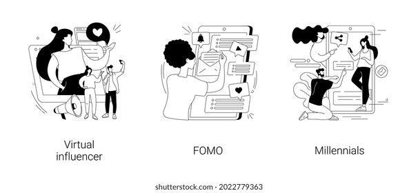 Online communication abstract concept vector illustration set. Virtual influencer, FOMO, millennials generation, digital native and social media, brand avatar, fear of missing out abstract metaphor.