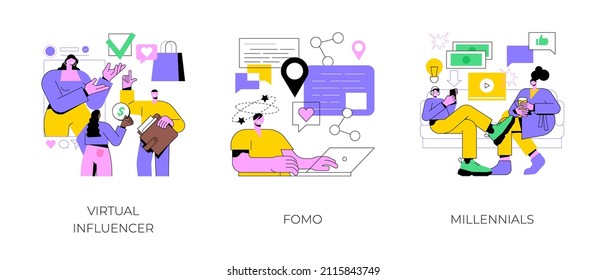 Online Communication Abstract Concept Vector Illustration Set. Virtual Influencer, FOMO, Millennials Generation, Digital Native And Social Media, Brand Avatar, Fear Of Missing Out Abstract Metaphor.