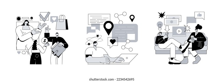 Online communication abstract concept vector illustration set. Virtual influencer, FOMO, millennials generation, digital native and social media, brand avatar, fear of missing out abstract metaphor.