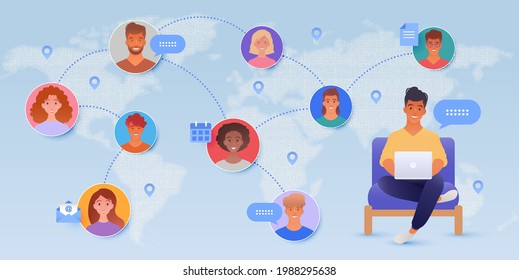 Online communication around the world with a man using laptop and people icons. Online webinar. Group chat. Online networking concept vector illustration.