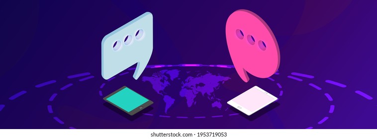 Online communication around the world using gadgets over the internet. Illustration on a colored background. 