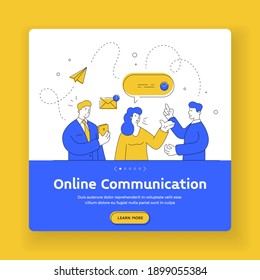 Online communication banner template. Flat line art vector illustration of contemporary men and woman using smartphone to send and read messages during online communication