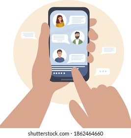 Online Communication Between A Group Of People Using The Mobile Application, Messenger. Group Chat In Your Smartphone. Phone In The Hands.  Talk During Quarantine Virtually Over The Internet. Vector