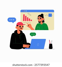 Online Communication Between Professionals In Flat Vector Illustration Symbolizing Remote Collaboration, Digital Meetings, And Team Interaction, Isolated On White Background.