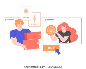 
Online communication between the seller and the buyer. Buying second hand goods. Man character holding goods, girl paying. Vector flat illustration. 