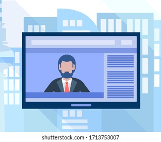 Online communication in a big city, webinar, internet conference concept vector illustration.
Businessman in a suit and tie on the tablet screen on a city background.