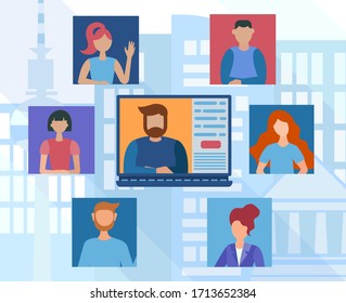 Online communication in a big city. Work and study remotely concept vector illustration. Webinars, online education, coaching on the Internet.