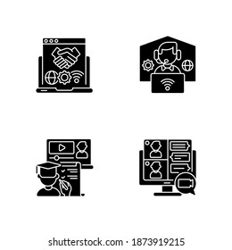 Online Communication Black Glyph Icons Set On White Space. Virtual Collaboration On Business Project. Remote Workplace For Freelance Work. Silhouette Symbols. Vector Isolated Illustration