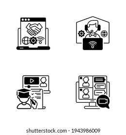 Online Communication Black Linear Icons Set. Virtual Collaboration On Business Project. Remote Workplace For Freelance Work. Online Lesson. Glyph Contour Symbols. Vector Isolated Outline Illustrations