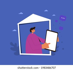 Comunicación en línea. Retrato de chico con marco. Adolescente hombre tocando su teléfono. Ilustración vectorial.