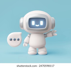 La comunicación en línea cobró vida con una Ilustración vectorial de chatbot en 3D. Robot alegre con cuadro de diálogo que muestra inteligencia artificial, perfecto para el concepto de asistente virtual.