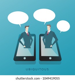 Online Communication, Business Concept Artwork, Vector Flat Design, Business Men Talking Through Display of a Phone, Work People Character Concept