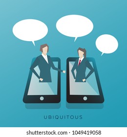 Online Communication, Business Concept Artwork, Vector Flat Design, Business Women Talking Through Display of a Phone, Work People Character Concept