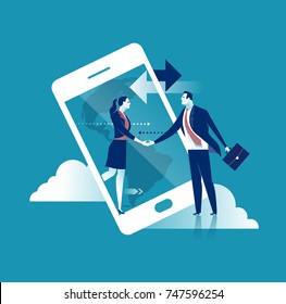 On-line Communication. Business persons shaking hands through display of a mobile phone. Business concept vector illustration.